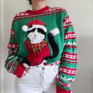 Vintage Christmas Cat Lover Knit Holiday Sweater